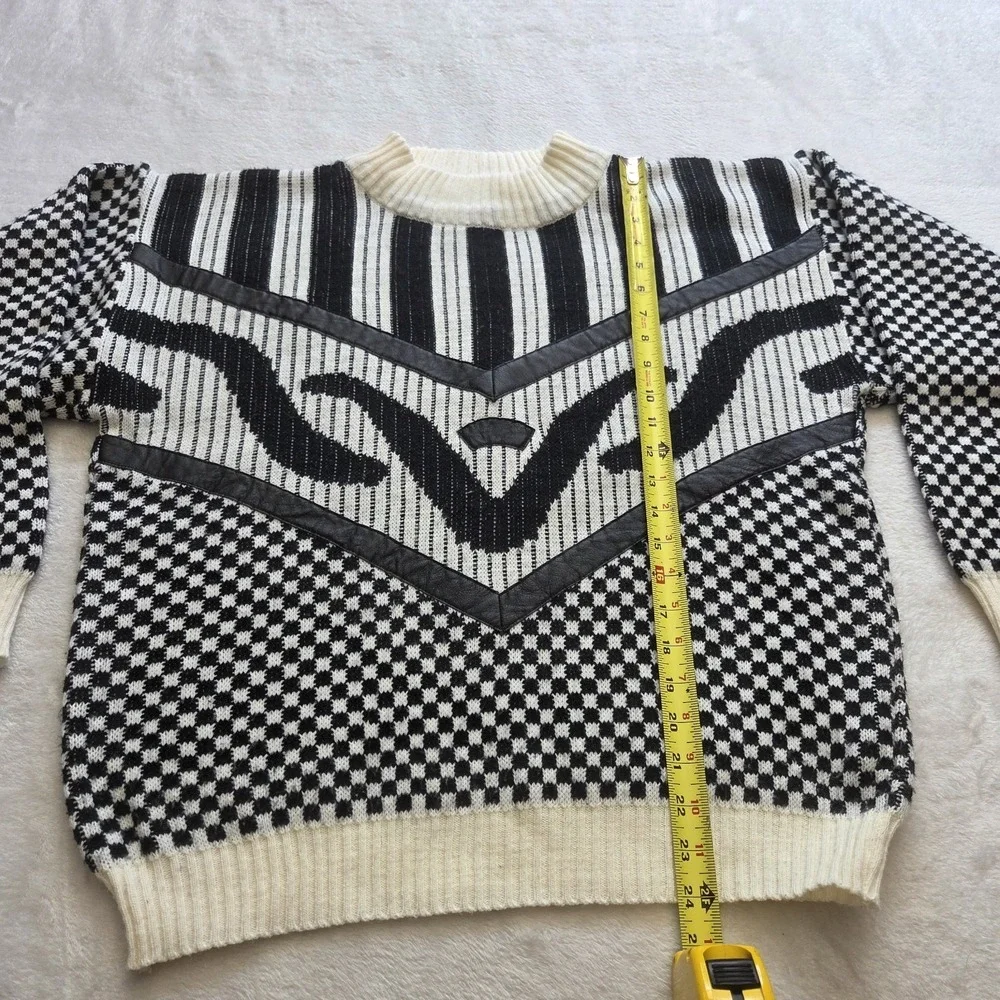 Vintage 80s Crewneck Sweater Acrylic Leather Knit Preppy Sweater‎ Womens Large